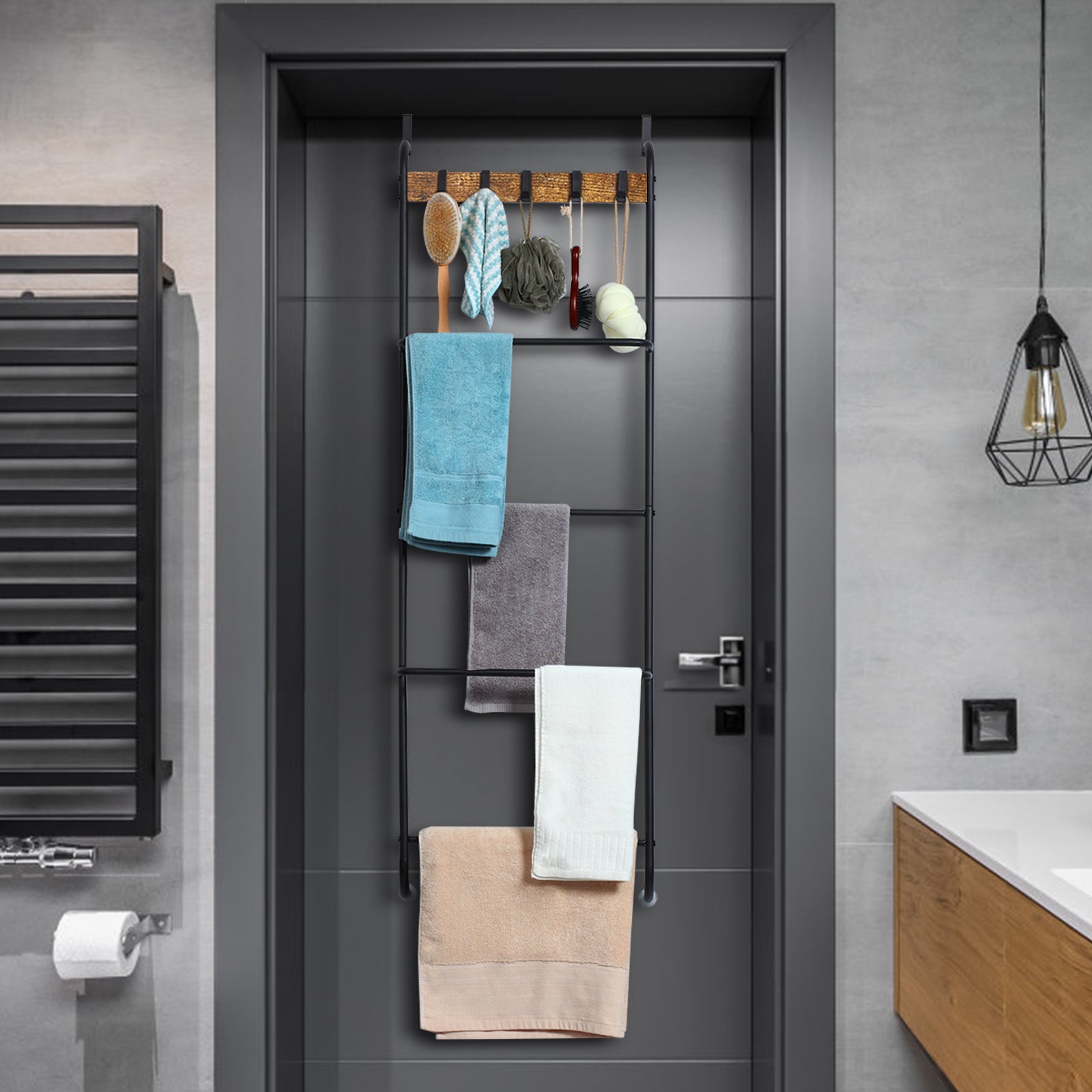 FANSXIVITA Over The Door Towel Racks Door Rack Hanger Organizer for Bathroom Door Rack for Towels Over Door Hooks with Shelves Behind Door Towel Holder Back of Door 4 Tier Towel Bar Black