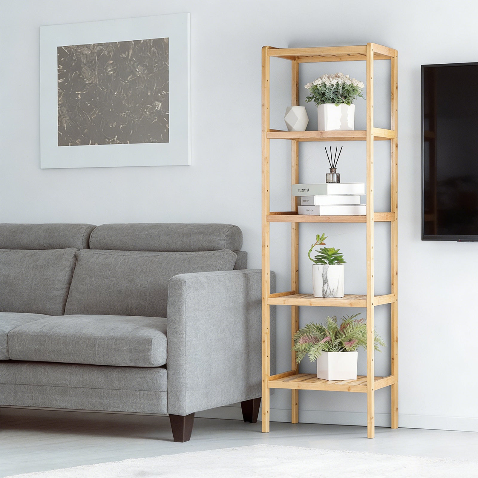 FANSXIVITA Bamboo Plant Racks 5-Tier Bathroom Shelf Multifunctional Storage Rack, Plant Flower Display Stand for Narrow Space, Living Room, Bedroom, Kitchen