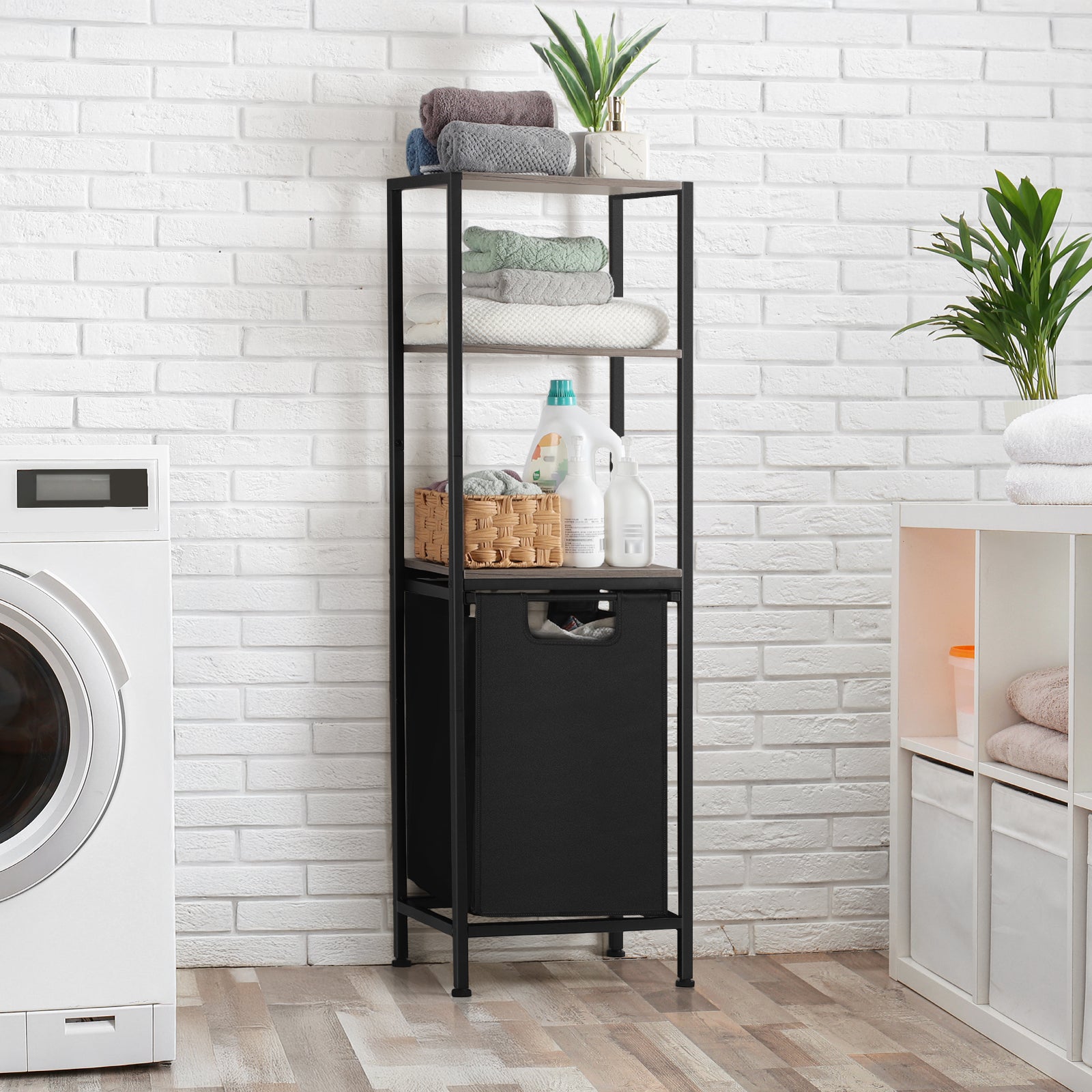 FANSXIVITA Laundry Basket Single Laundry Hamper with Shelf Coat Stands 3 Tier Shelves Laundry Sorter for Clothes Storage Tall Laundry Organizer Hamper with Bag, Grey Hampers Rack for Laundry Bathroom Living Room (Grey)