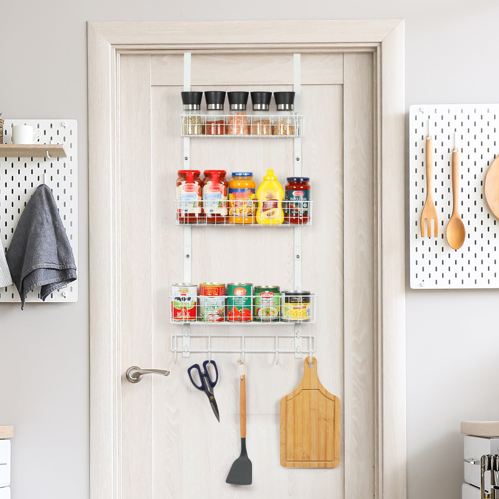 FANSXIVITA Over The Door Hooks Organizer Back of Door Storage Organizer Coat Rack with 5 Hooks and 3 Mesh Baskets Over Door Hat Stands for Living Room, Bathroom,Bedroom,Kitchen,White