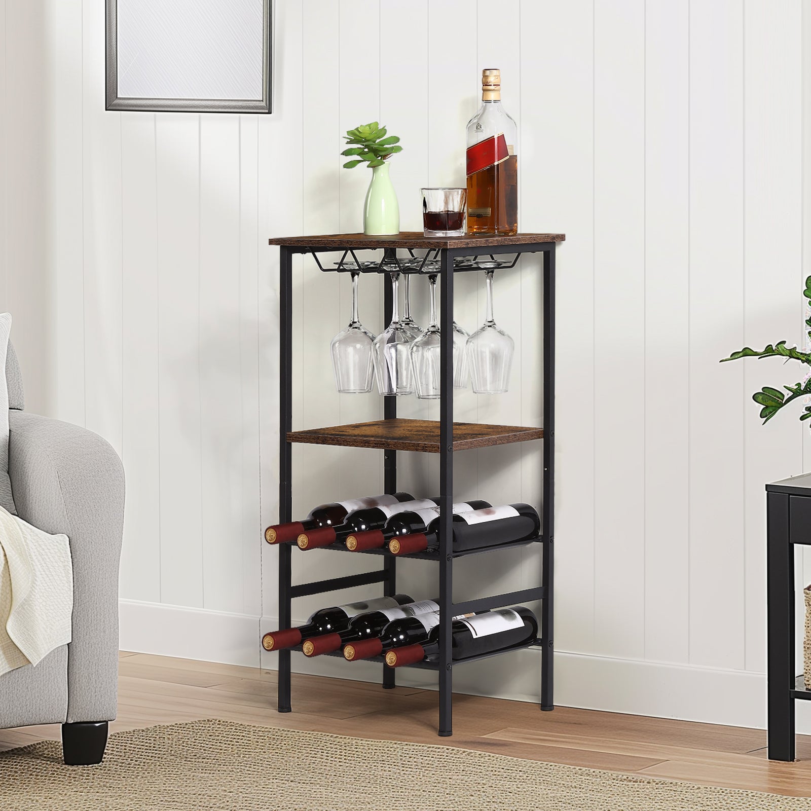 FANSXIVITA Wine Rack Freestanding Floor Wine Bar Carts with Glass Holder and Tabletop 8 Bottle Wood Wine Tables with Racks 4 Tier Wine Bottle Organizer Display Storage Stand , Rustic Brown