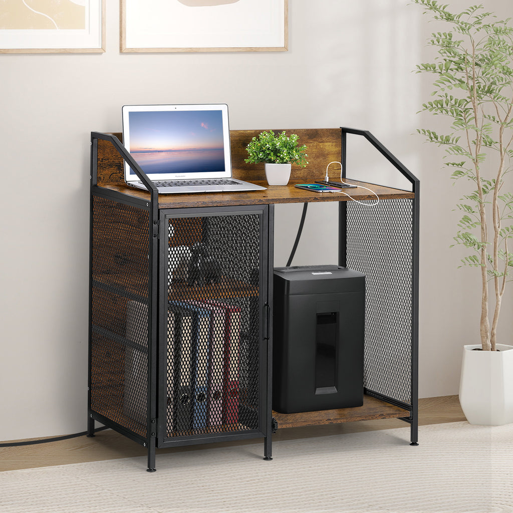 FANSXIVITA Filing Cabinets with Charging Station, Wood Filing Cabinet, Lateral Filing Cabinet, Printer Stand with Open Shelves for Home Office, Rustic Brown