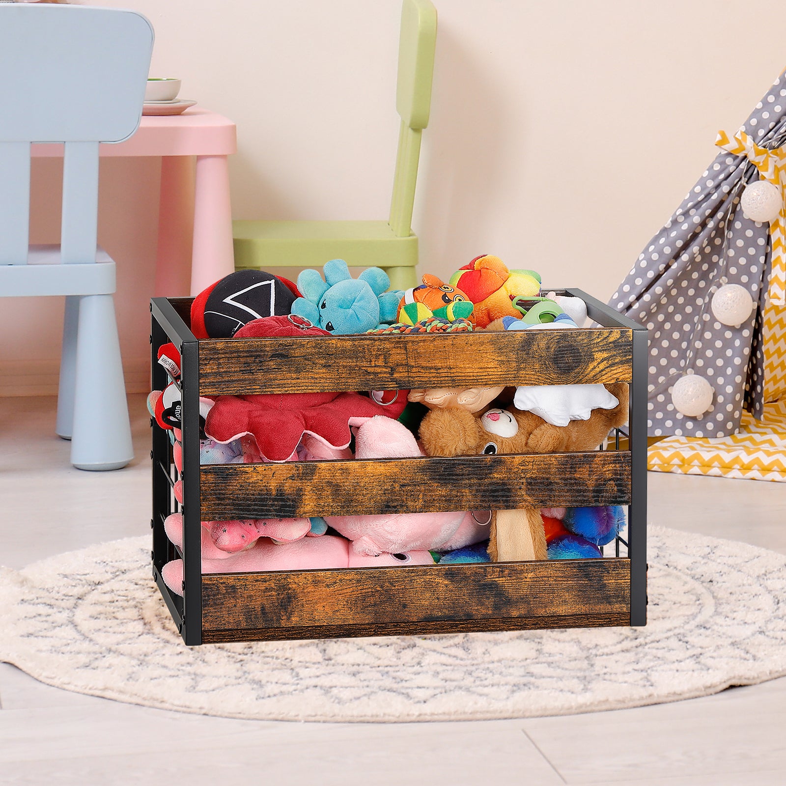 FANSXIVITA Rustic Wood Boxes Storage, Metal Dog Toy Storage Baskets with Handles, Wooden Crates 2 Pack, Durable Wood Boxes