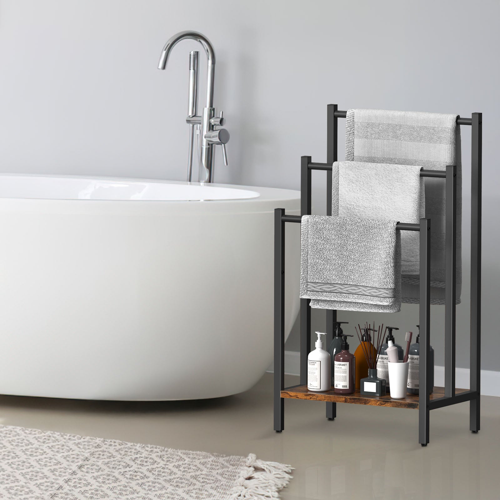 FANSXIVITA Bathroom Towel Stands – Space Saving Freestanding Blanket Ladder Holder Rack, 3 Tier Black Metal Towel Racks Stand with Wooden Storage Shelf