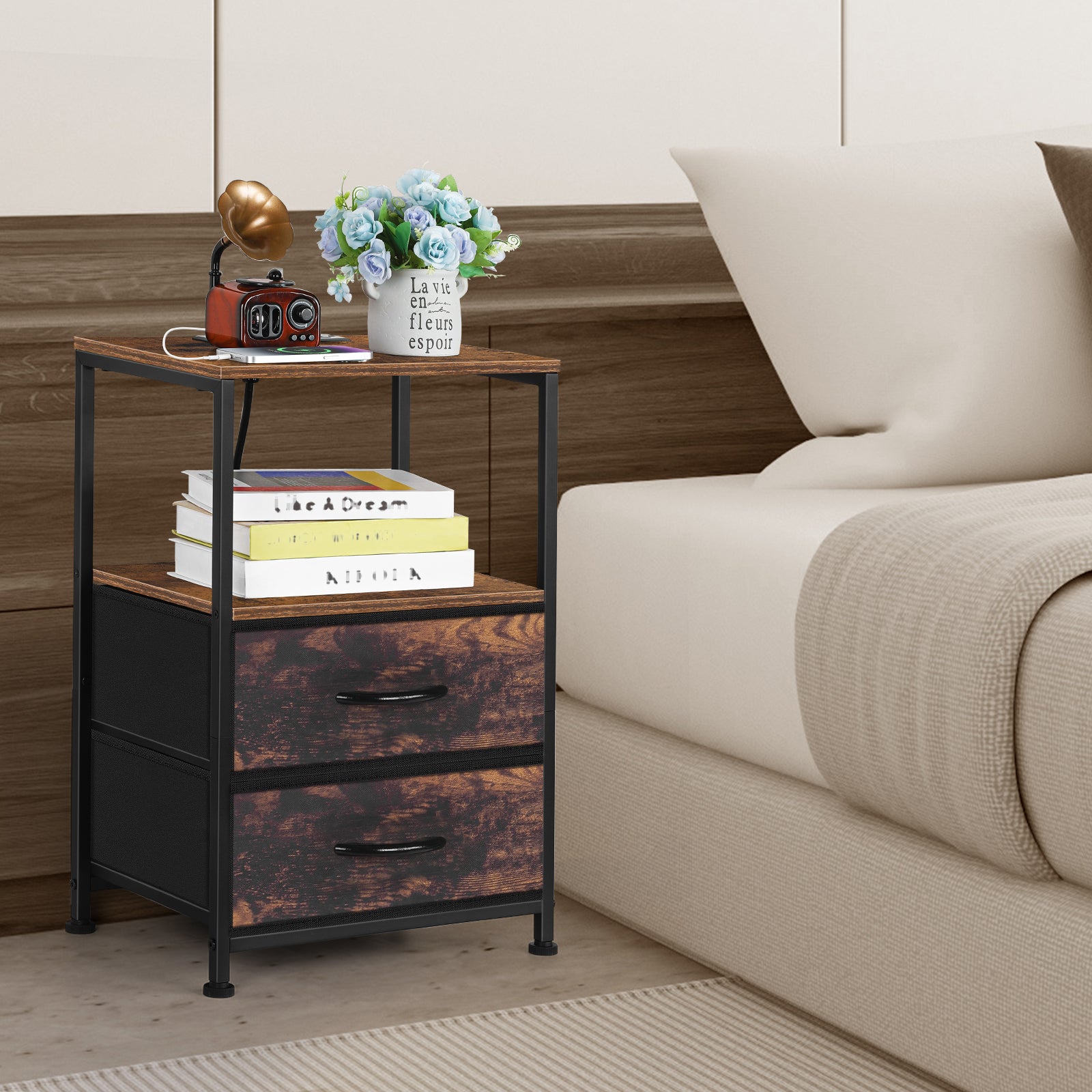FANSXIVITA Nightstand with Charging Station End Table with 2 Fabric Drawer Bedside Table with USB Ports and Power Outlets Modern Night tables with Open Shelf for Bedroom Living Room Brown