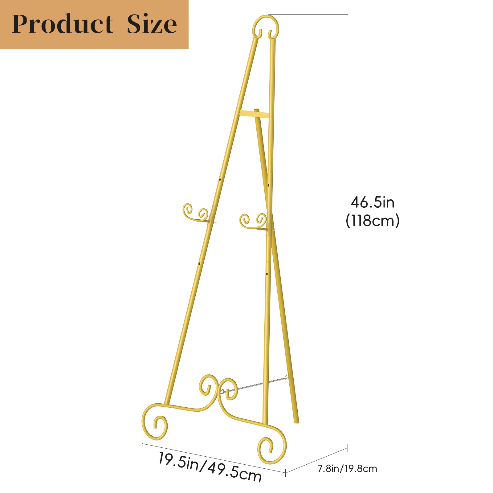 FANSXIVITA 2 Pack Metal Round Tube Scroll Display Easel, Vintage Gold Decorative Large Adjustable Floor Standing Easel Display Stands with Chain Support, Perfect for Showcasing Pictures, Artwork, Picture Frame Wedding Sign Etc