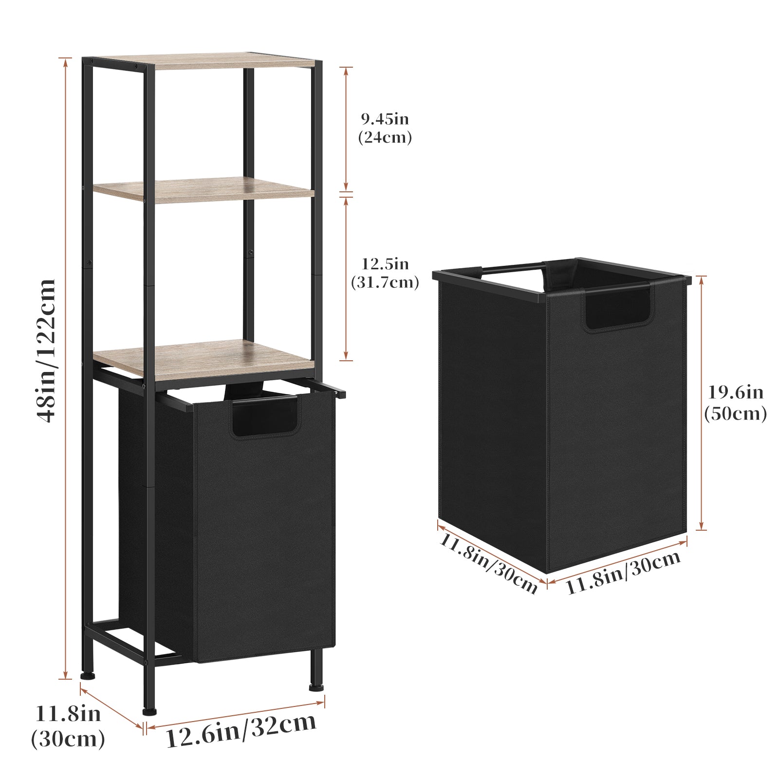 FANSXIVITA Laundry Basket Single Laundry Hamper with Shelf Coat Stands 3 Tier Shelves Laundry Sorter for Clothes Storage Tall Laundry Organizer Hamper with Bag, Grey Hampers Rack for Laundry Bathroom Living Room (Grey)