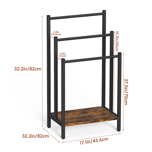 FANSXIVITA Bathroom Towel Stands – Space Saving Freestanding Blanket Ladder Holder Rack, 3 Tier Black Metal Towel Racks Stand with Wooden Storage Shelf
