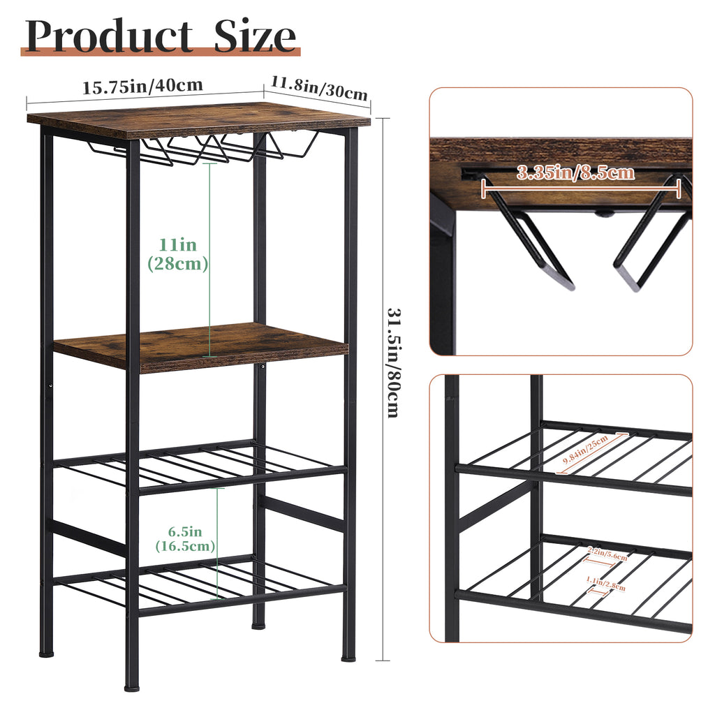 FANSXIVITA Wine Rack Freestanding Floor Wine Bar Carts with Glass Holder and Tabletop 8 Bottle Wood Wine Tables with Racks 4 Tier Wine Bottle Organizer Display Storage Stand , Rustic Brown