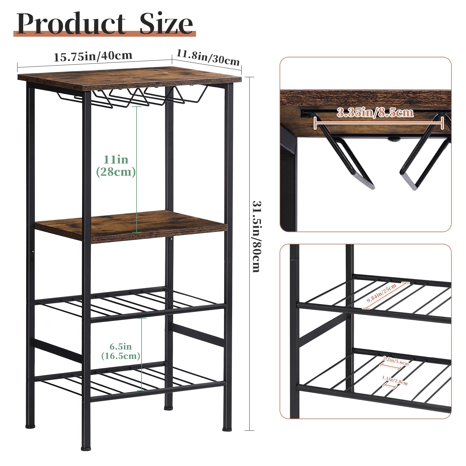 FANSXIVITA Wine Rack Freestanding Floor Wine Bar Carts with Glass Holder and Tabletop 8 Bottle Wood Wine Tables with Racks 4 Tier Wine Bottle Organizer Display Storage Stand , Rustic Brown