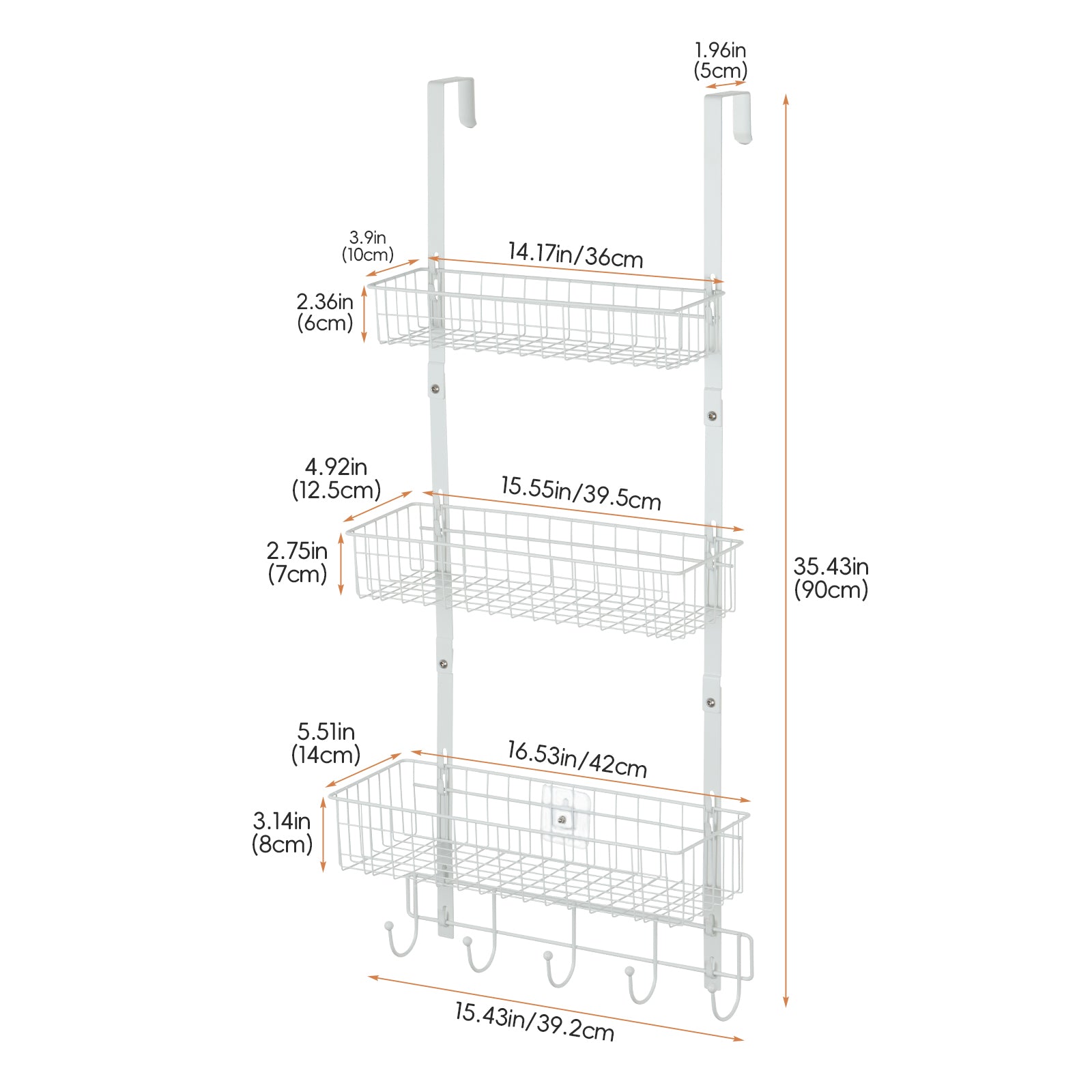FANSXIVITA Over The Door Hooks Organizer Back of Door Storage Organizer Coat Rack with 5 Hooks and 3 Mesh Baskets Over Door Hat Stands for Living Room, Bathroom,Bedroom,Kitchen,White