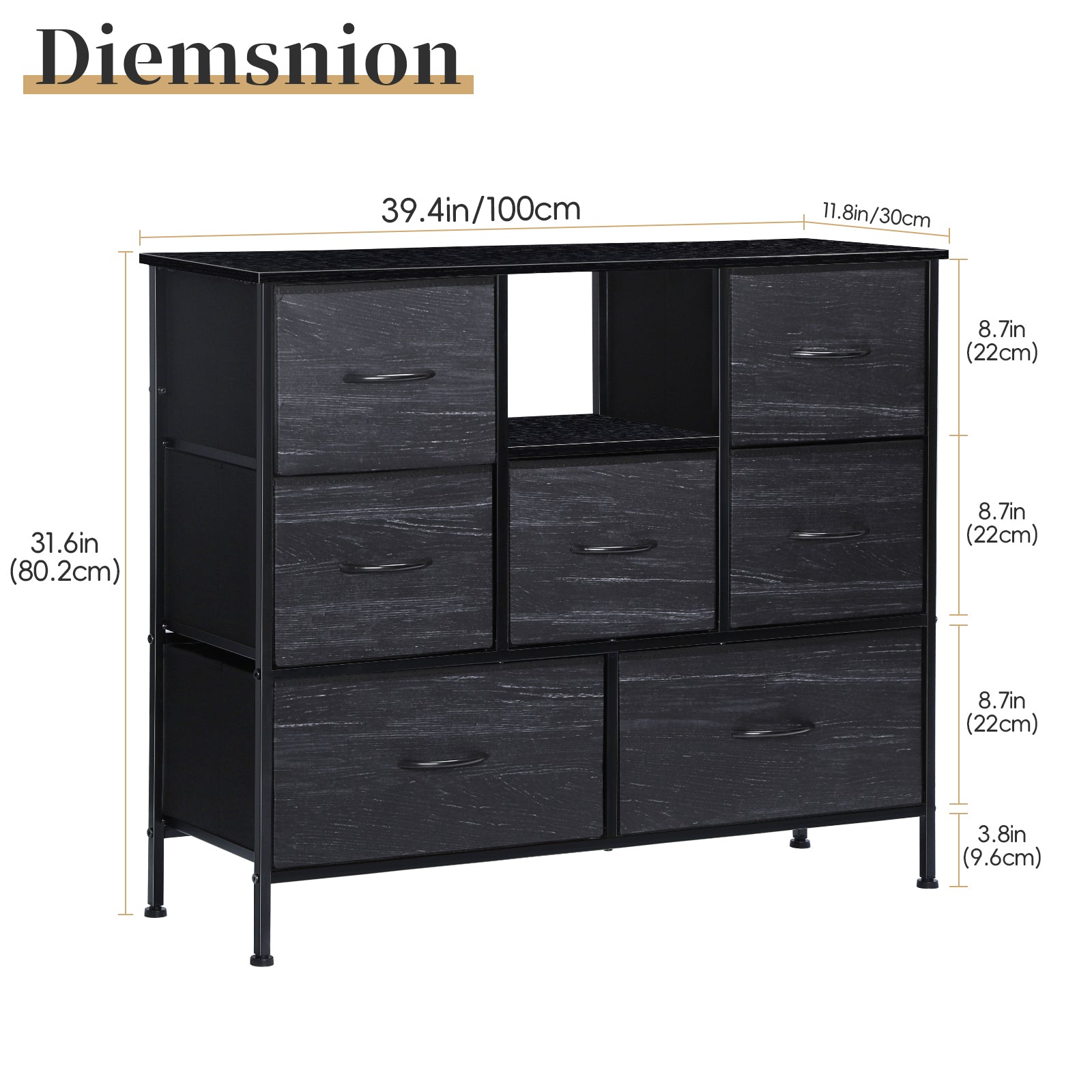 FANSXIVITA Dresser for Bedroom with 7 Drawers, Wide Fabric Dresser Furniture for Storage and Organization, Metal Frame and Wood Top for Small TV Stand, Chest of Drawers for Living Room Closet Hallway,Black