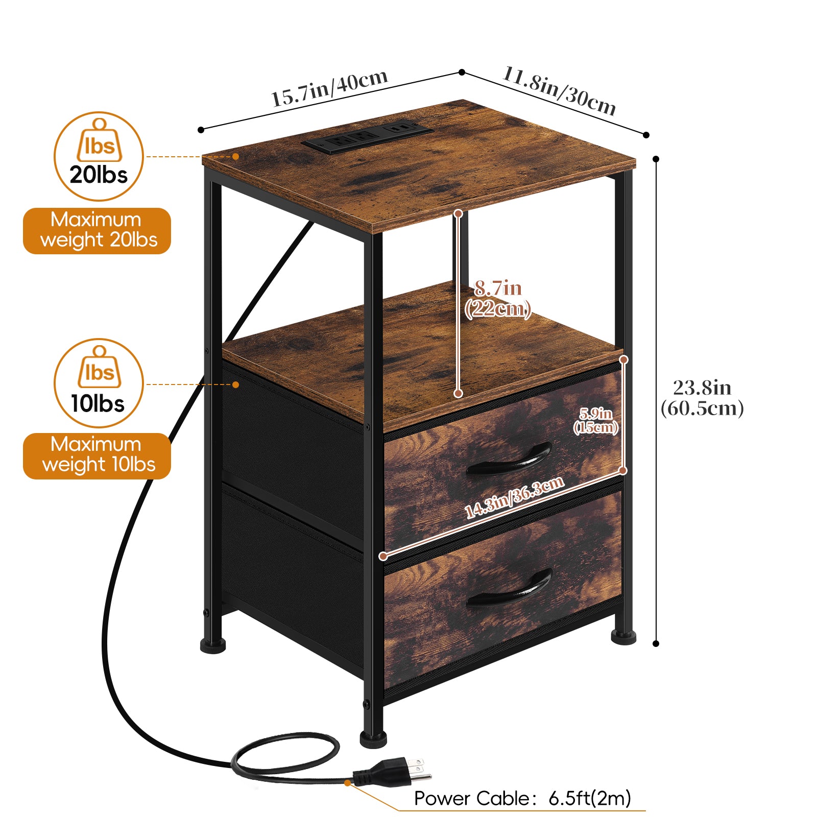FANSXIVITA Nightstand with Charging Station End Table with 2 Fabric Drawer Bedside Table with USB Ports and Power Outlets Modern Night tables with Open Shelf for Bedroom Living Room Brown