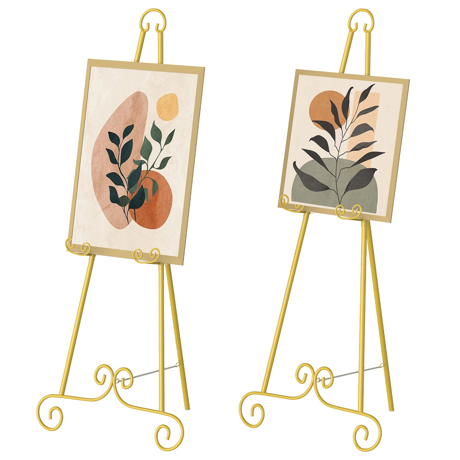 FANSXIVITA 2 Pack Metal Round Tube Scroll Display Easel, Vintage Gold Decorative Large Adjustable Floor Standing Easel Display Stands with Chain Support, Perfect for Showcasing Pictures, Artwork, Picture Frame Wedding Sign Etc