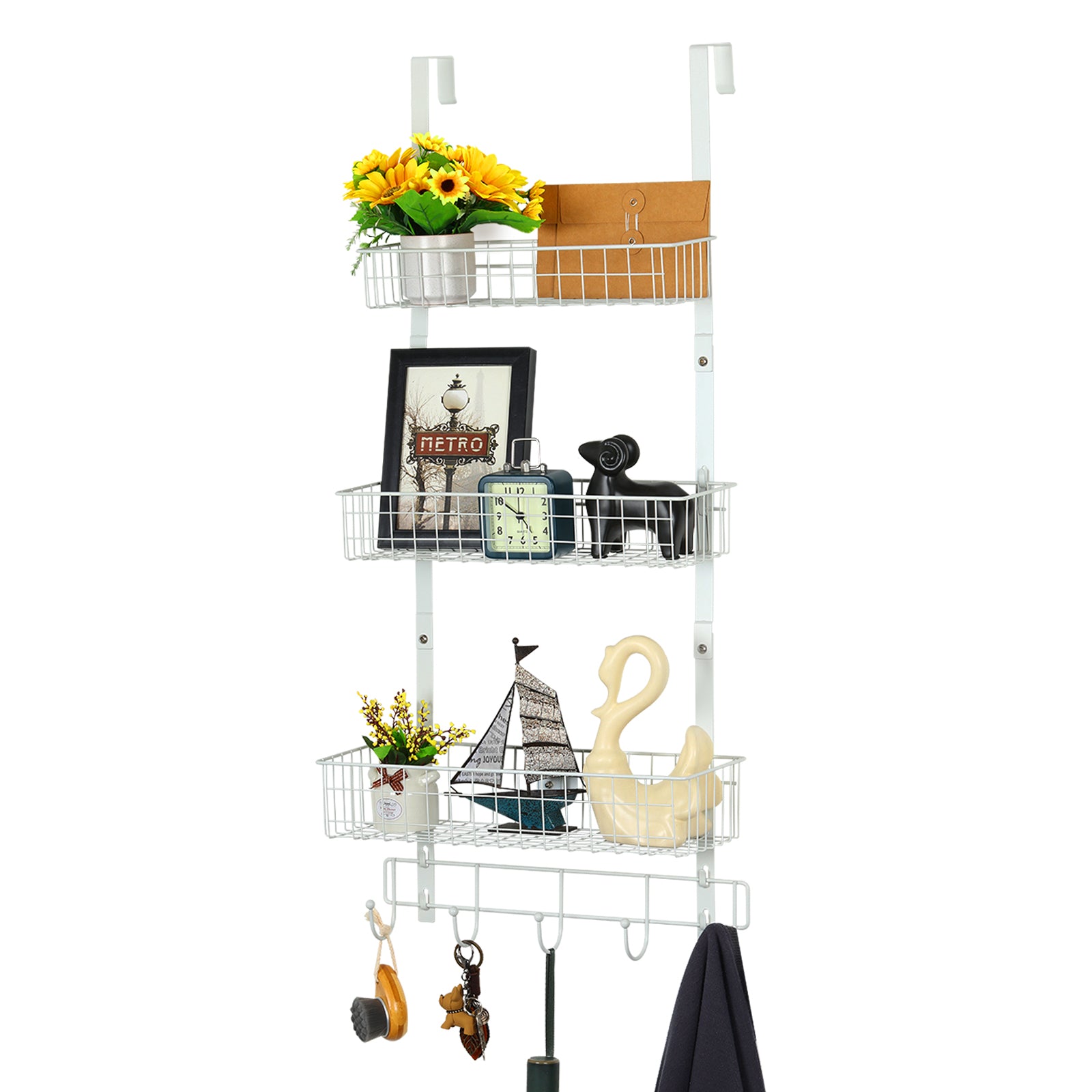 FANSXIVITA Over The Door Hooks Organizer Back of Door Storage Organizer Coat Rack with 5 Hooks and 3 Mesh Baskets Over Door Hat Stands for Living Room, Bathroom,Bedroom,Kitchen,White