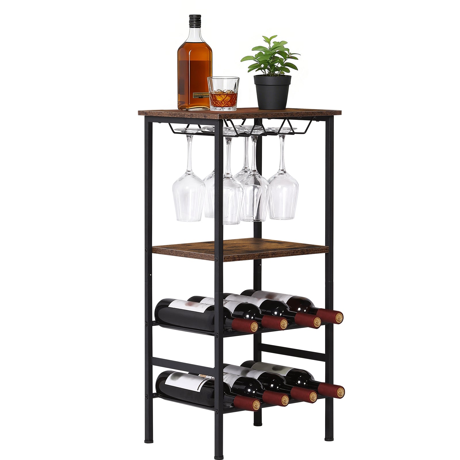FANSXIVITA Wine Rack Freestanding Floor Wine Bar Carts with Glass Holder and Tabletop 8 Bottle Wood Wine Tables with Racks 4 Tier Wine Bottle Organizer Display Storage Stand , Rustic Brown