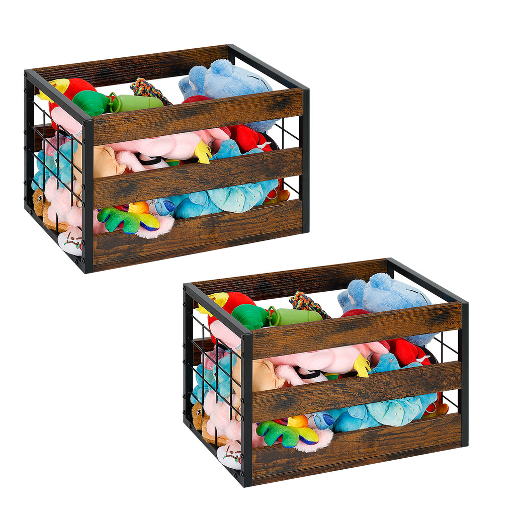 FANSXIVITA Rustic Wood Boxes Storage, Metal Dog Toy Storage Baskets with Handles, Wooden Crates 2 Pack, Durable Wood Boxes