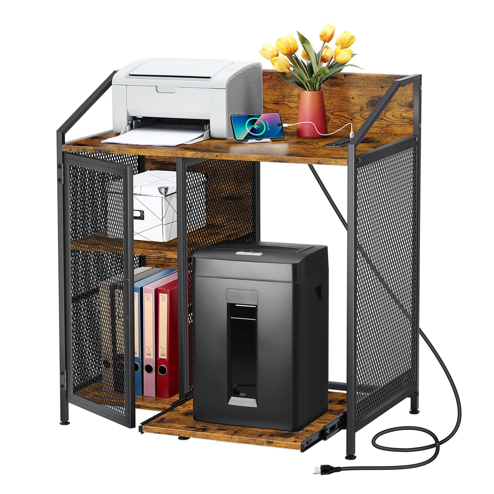 FANSXIVITA Filing Cabinets with Charging Station, Wood Filing Cabinet, Lateral Filing Cabinet, Printer Stand with Open Shelves for Home Office, Rustic Brown