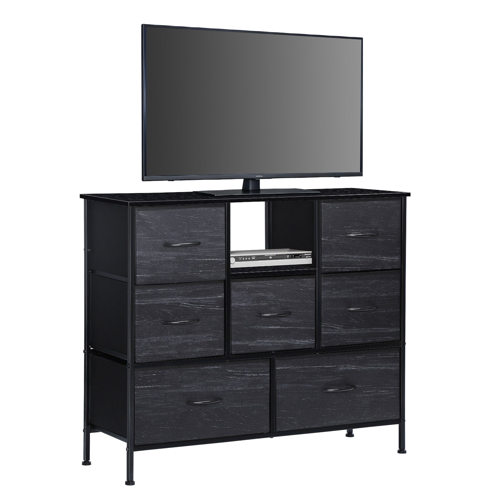 FANSXIVITA Dresser for Bedroom with 7 Drawers, Wide Fabric Dresser Furniture for Storage and Organization, Metal Frame and Wood Top for Small TV Stand, Chest of Drawers for Living Room Closet Hallway,Black