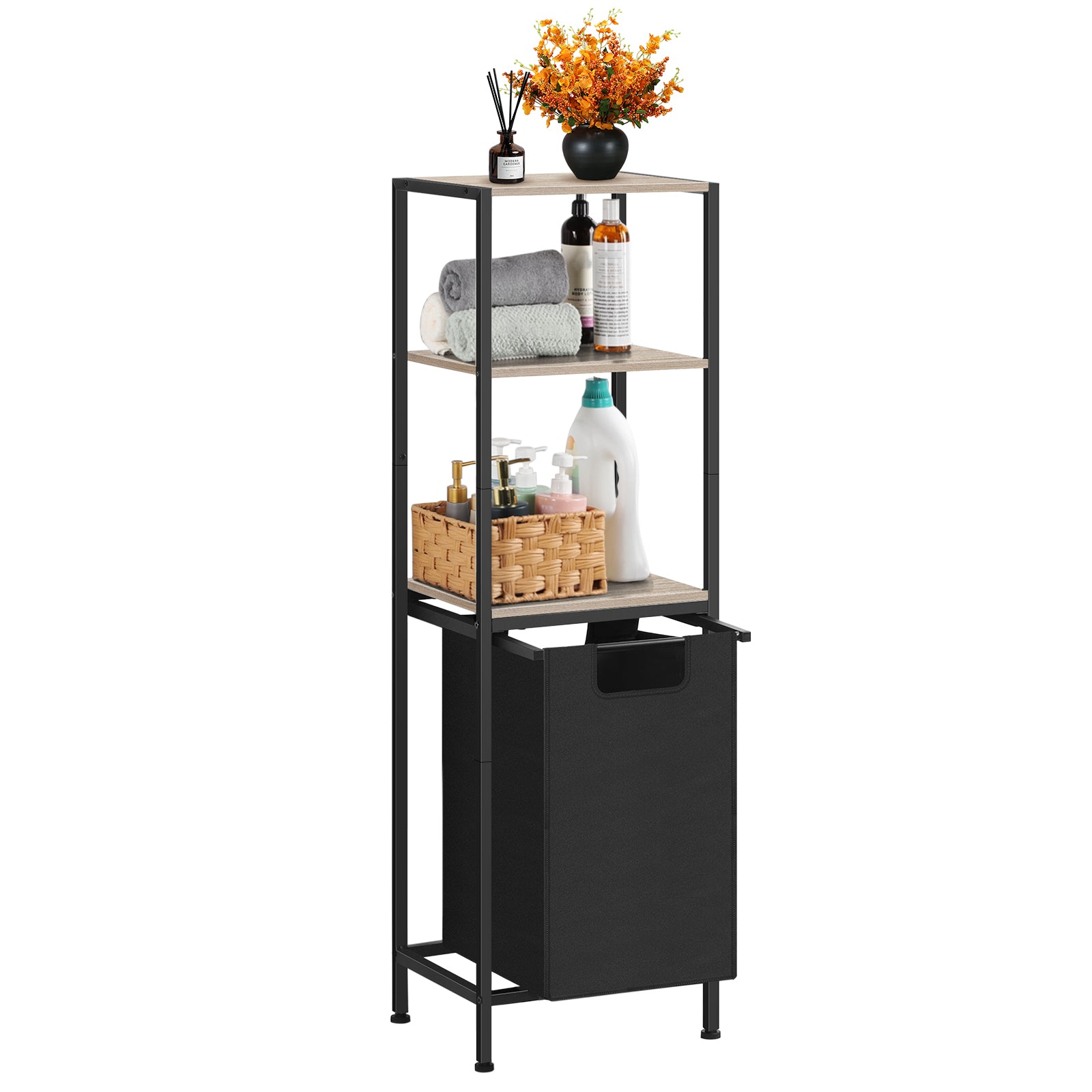 FANSXIVITA Laundry Basket Single Laundry Hamper with Shelf Coat Stands 3 Tier Shelves Laundry Sorter for Clothes Storage Tall Laundry Organizer Hamper with Bag, Grey Hampers Rack for Laundry Bathroom Living Room (Grey)