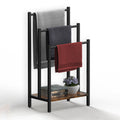 FANSXIVITA Bathroom Towel Stands – Space Saving Freestanding Blanket Ladder Holder Rack, 3 Tier Black Metal Towel Racks Stand with Wooden Storage Shelf