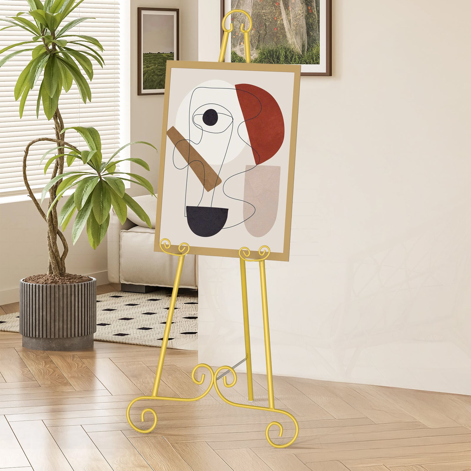 FANSXIVITA 2 Pack Metal Round Tube Scroll Display Easel, Vintage Gold Decorative Large Adjustable Floor Standing Easel Display Stands with Chain Support, Perfect for Showcasing Pictures, Artwork, Picture Frame Wedding Sign Etc