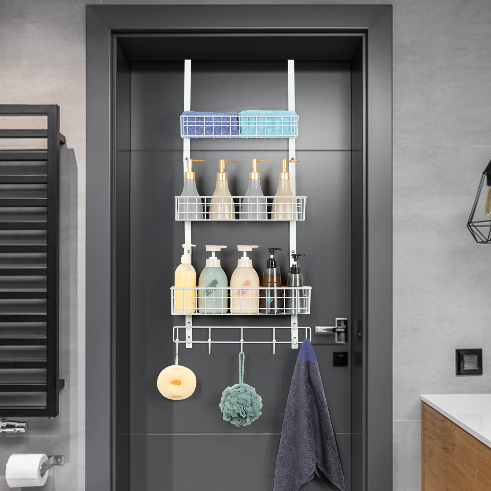 FANSXIVITA Over The Door Hooks Organizer Back of Door Storage Organizer Coat Rack with 5 Hooks and 3 Mesh Baskets Over Door Hat Stands for Living Room, Bathroom,Bedroom,Kitchen,White