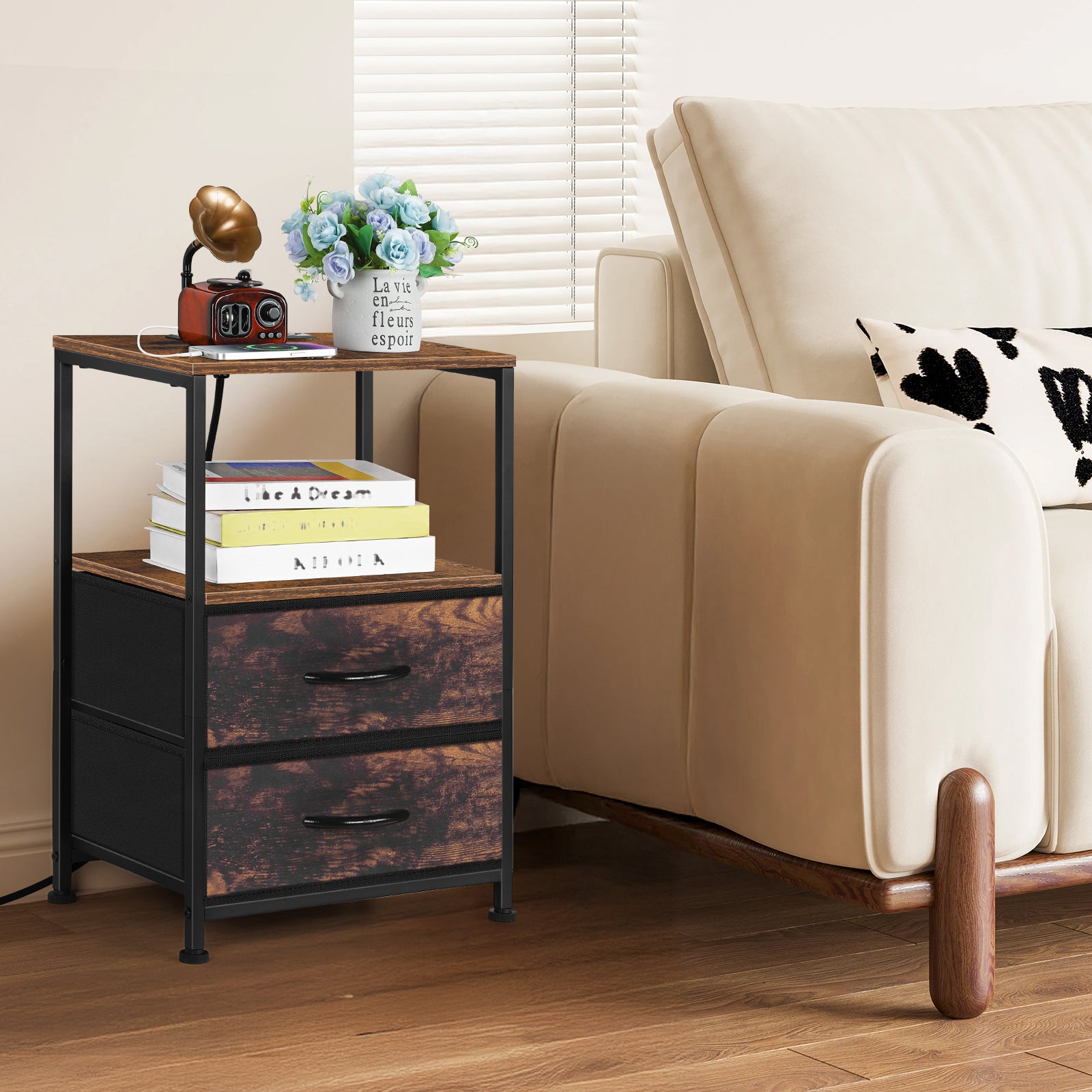 FANSXIVITA Nightstand with Charging Station End Table with 2 Fabric Drawer Bedside Table with USB Ports and Power Outlets Modern Night tables with Open Shelf for Bedroom Living Room Brown