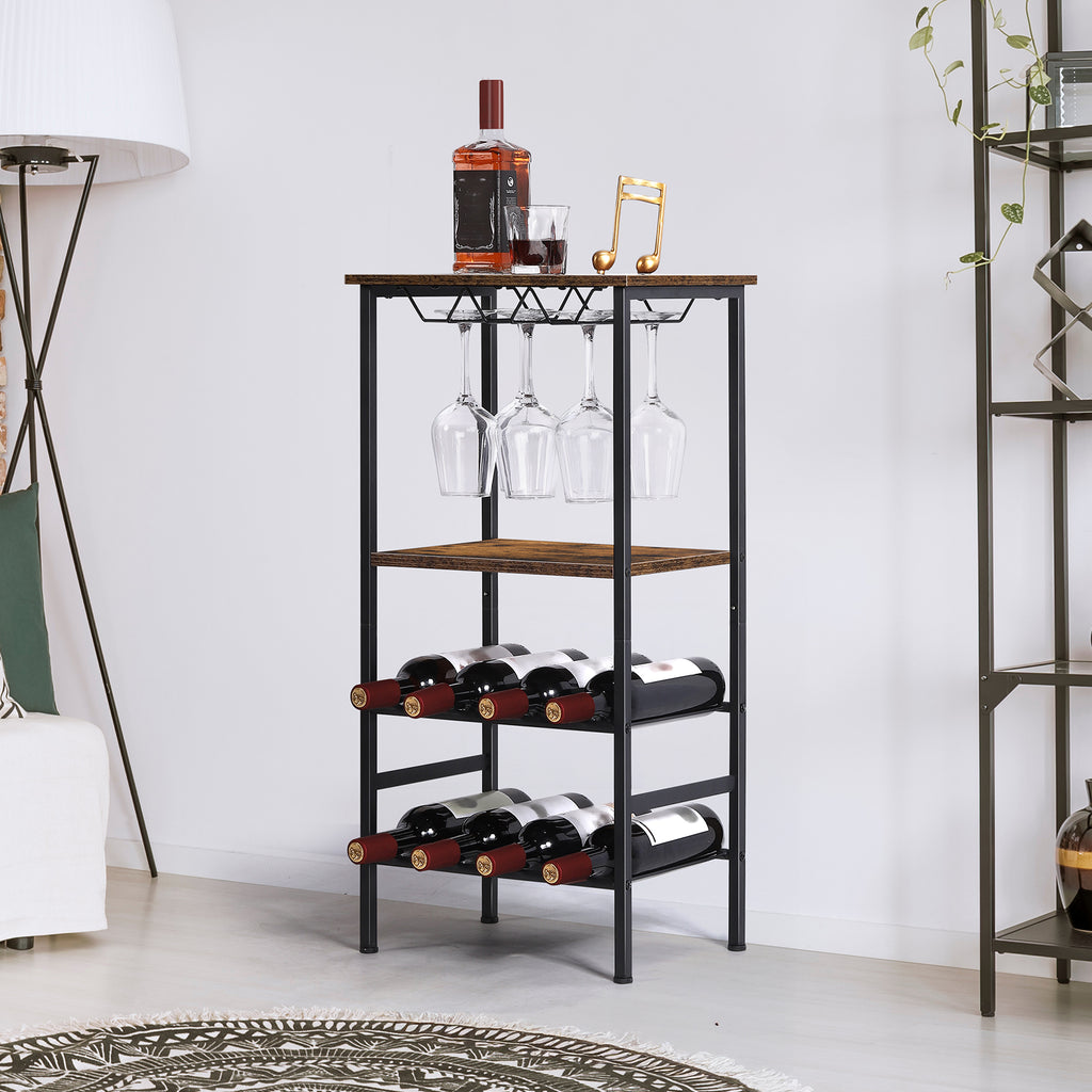 FANSXIVITA Wine Rack Freestanding Floor Wine Bar Carts with Glass Holder and Tabletop 8 Bottle Wood Wine Tables with Racks 4 Tier Wine Bottle Organizer Display Storage Stand , Rustic Brown