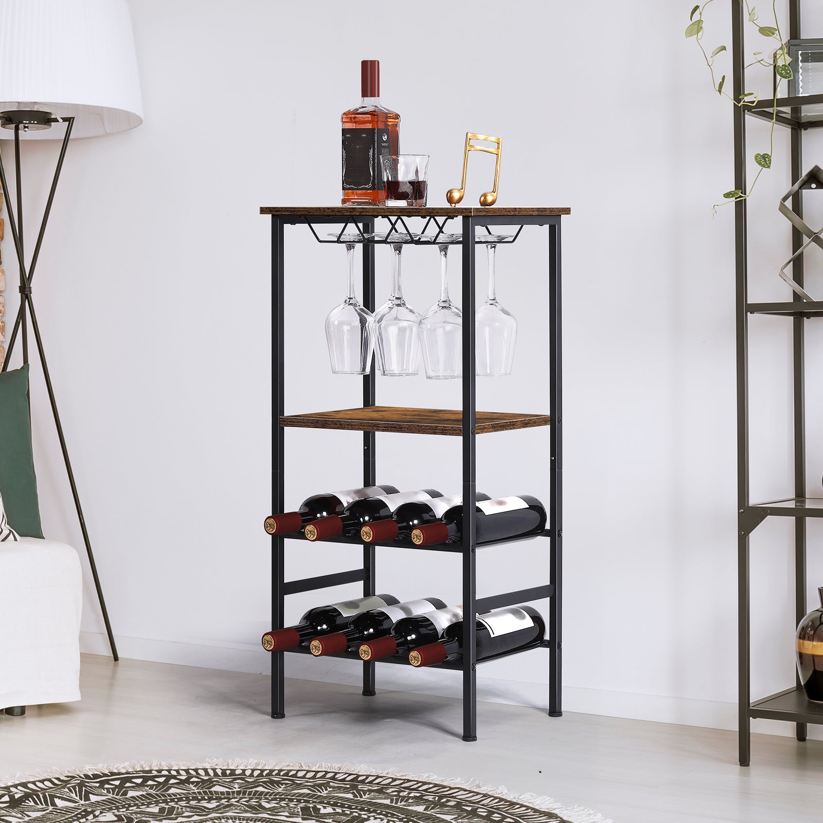FANSXIVITA Wine Rack Freestanding Floor Wine Bar Carts with Glass Holder and Tabletop 8 Bottle Wood Wine Tables with Racks 4 Tier Wine Bottle Organizer Display Storage Stand , Rustic Brown