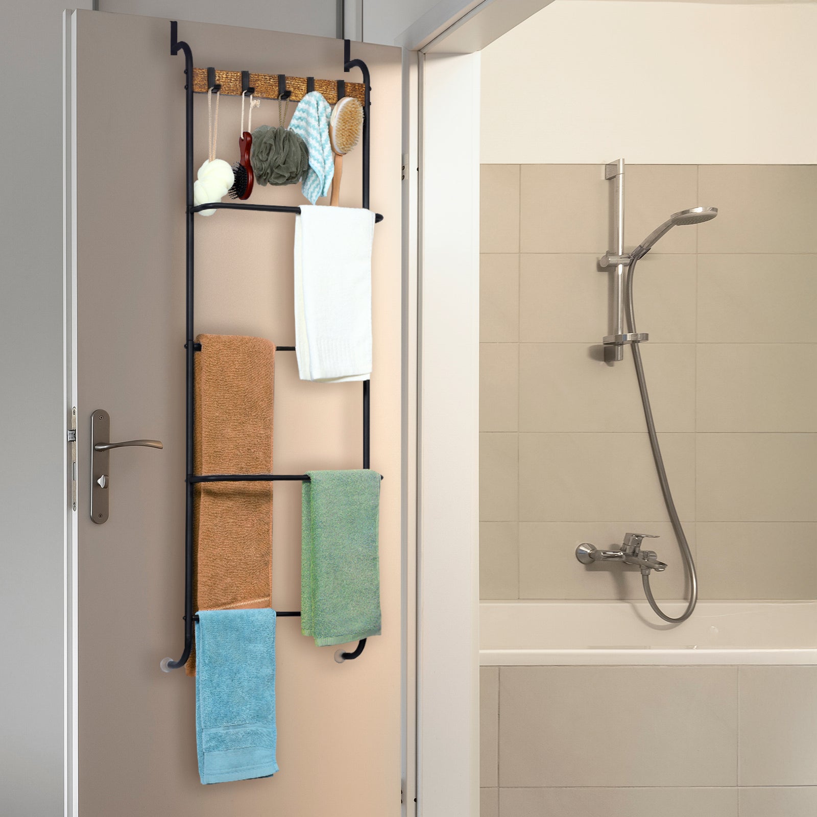 FANSXIVITA Over The Door Towel Racks Door Rack Hanger Organizer for Bathroom Door Rack for Towels Over Door Hooks with Shelves Behind Door Towel Holder Back of Door 4 Tier Towel Bar Black