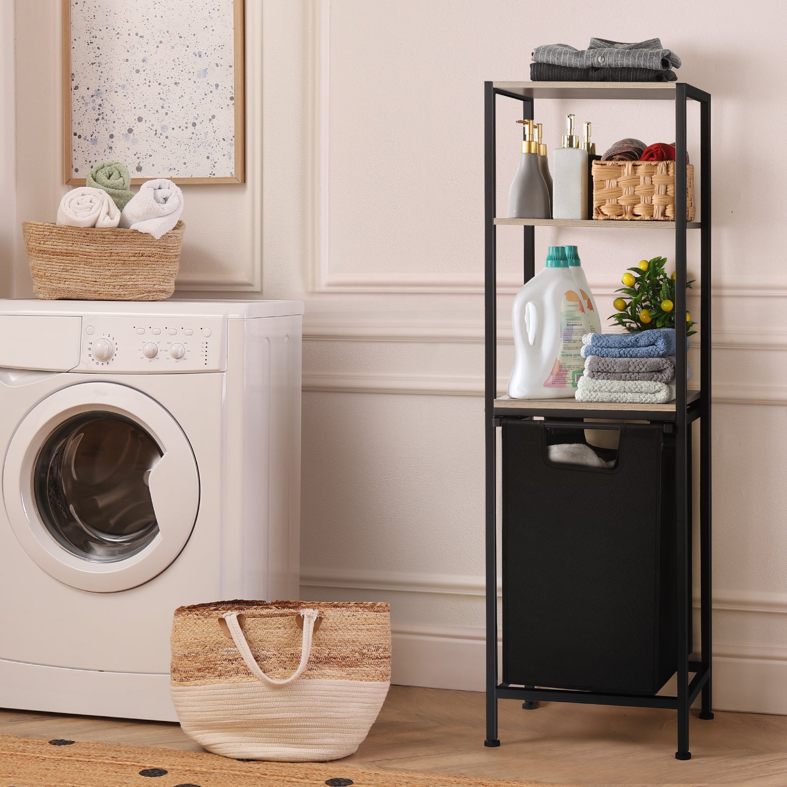 FANSXIVITA Laundry Basket Single Laundry Hamper with Shelf Coat Stands 3 Tier Shelves Laundry Sorter for Clothes Storage Tall Laundry Organizer Hamper with Bag, Grey Hampers Rack for Laundry Bathroom Living Room (Grey)