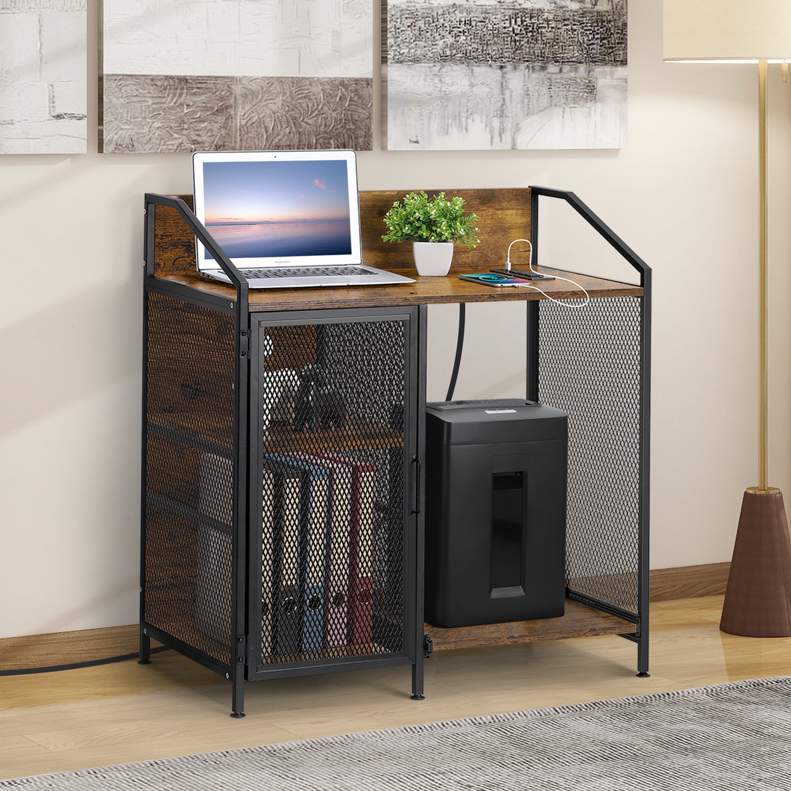 FANSXIVITA Filing Cabinets with Charging Station, Wood Filing Cabinet, Lateral Filing Cabinet, Printer Stand with Open Shelves for Home Office, Rustic Brown