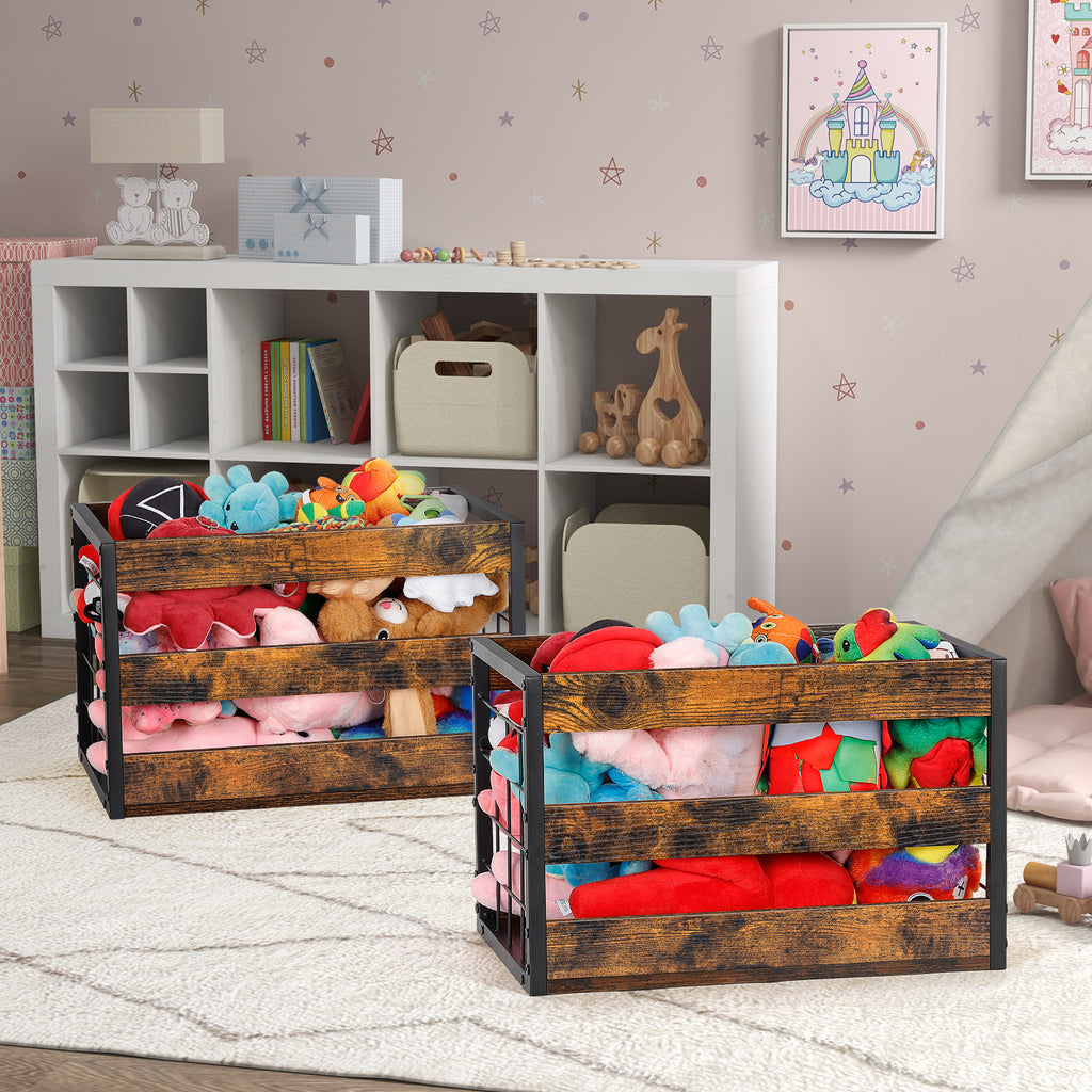 FANSXIVITA Rustic Wood Boxes Storage, Metal Dog Toy Storage Baskets with Handles, Wooden Crates 2 Pack, Durable Wood Boxes