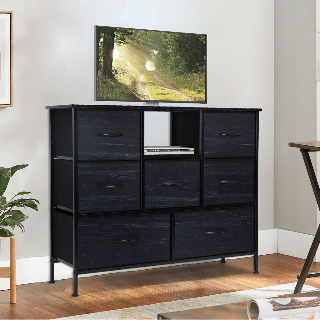 FANSXIVITA Dresser for Bedroom with 7 Drawers, Wide Fabric Dresser Furniture for Storage and Organization, Metal Frame and Wood Top for Small TV Stand, Chest of Drawers for Living Room Closet Hallway,Black