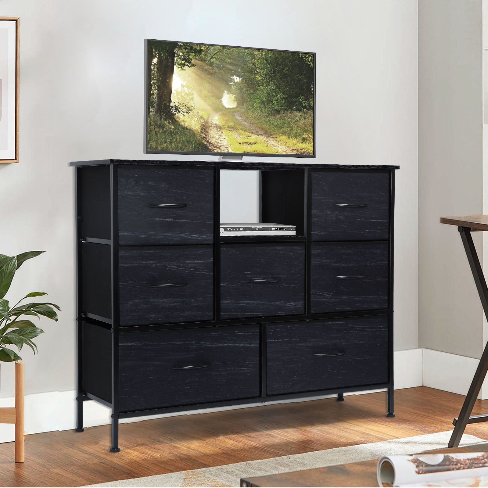 FANSXIVITA Dresser for Bedroom with 7 Drawers, Wide Fabric Dresser Furniture for Storage and Organization, Metal Frame and Wood Top for Small TV Stand, Chest of Drawers for Living Room Closet Hallway,Black